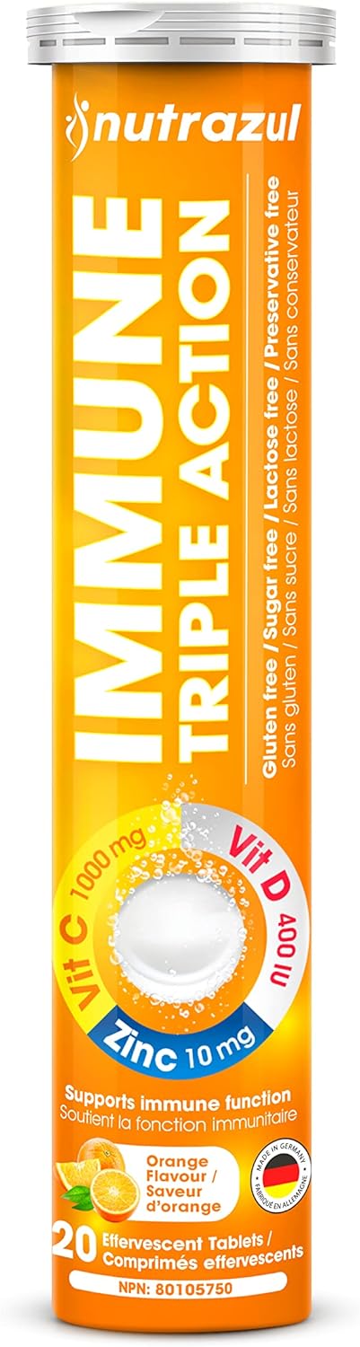 nutrazul Immune Triple Action Effervescent Tablets with 1000mg Vitamin C, Vitamin D, and Zinc - Orange Flavor - Pack of 60 - Gluten, Sugar, Lactose, and Preservative Free - Supports Immune Function - Espot.com.au