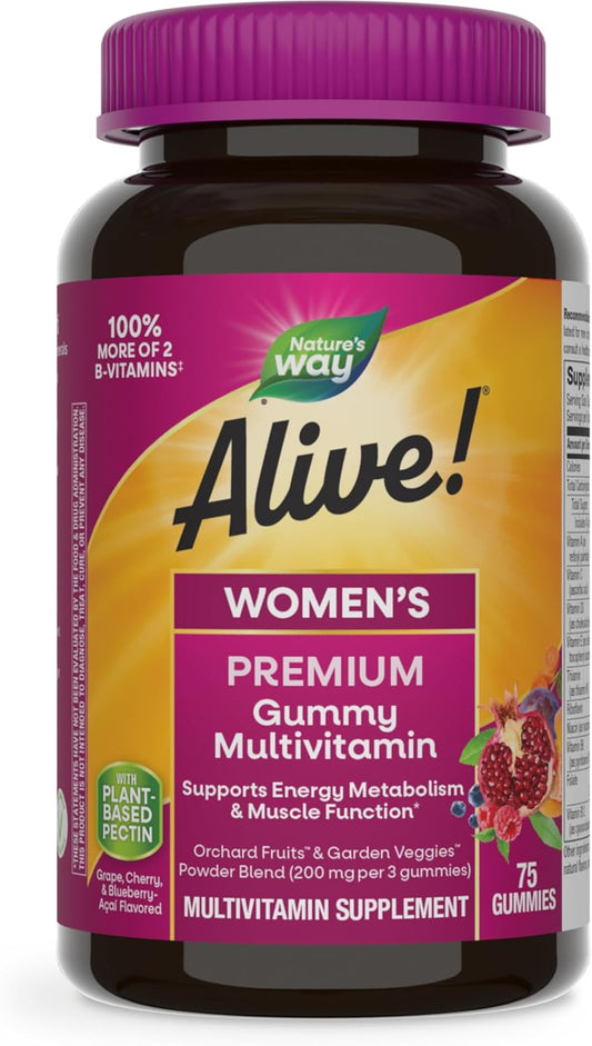 Nature's Way Alive! Premium Women’s Gummy Multivitamin - Energy & Muscle Support - B-Vitamins - Grape, Cherry, & Blueberry-Acai Flavored - 75 Gummies - Espot.com.au
