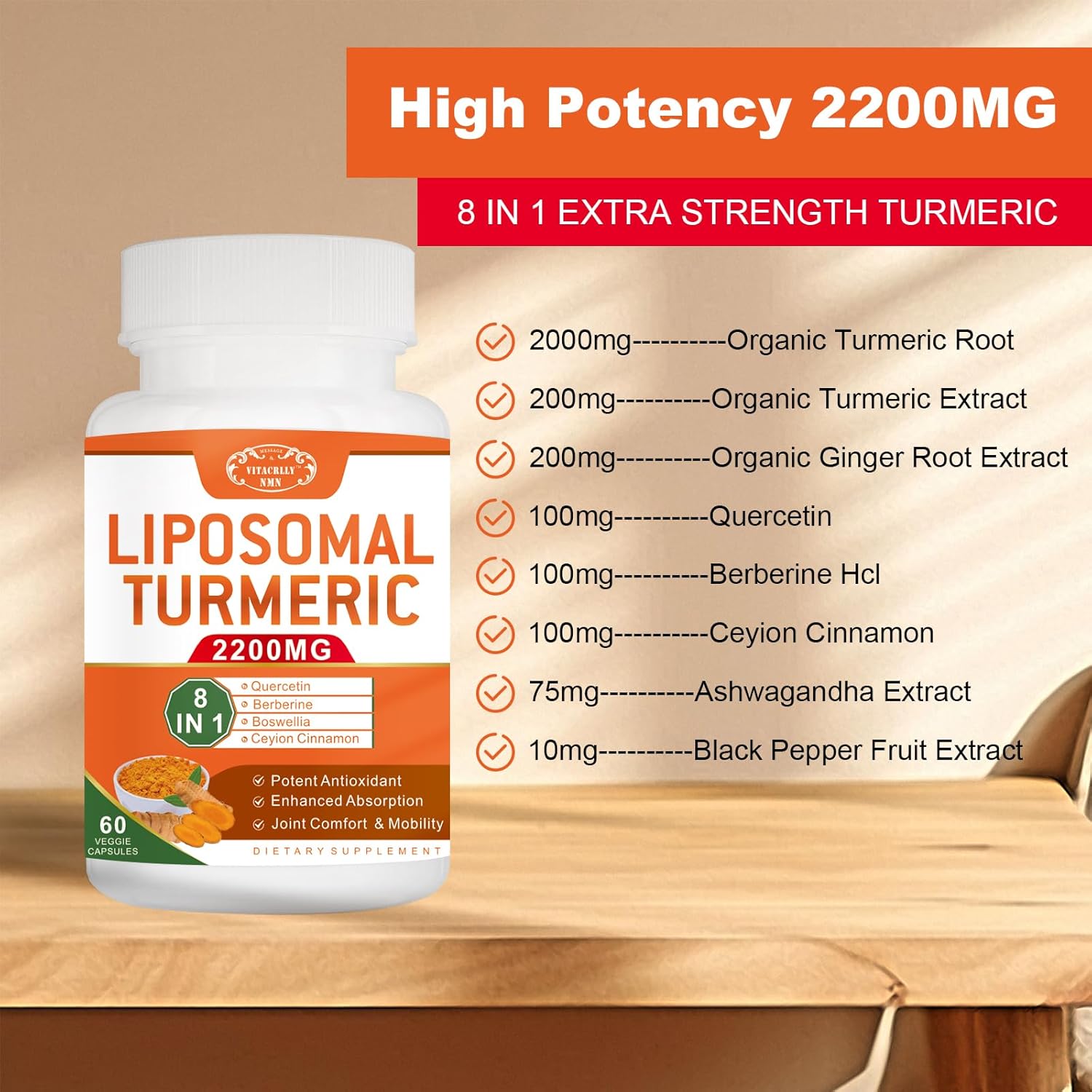 2200mg Liposomal Turmeric Curcumin Supplement with Black Pepper & Ginger - Joint Support - 95% Curcumin Extract - 60 Capsules - Espot.com.au