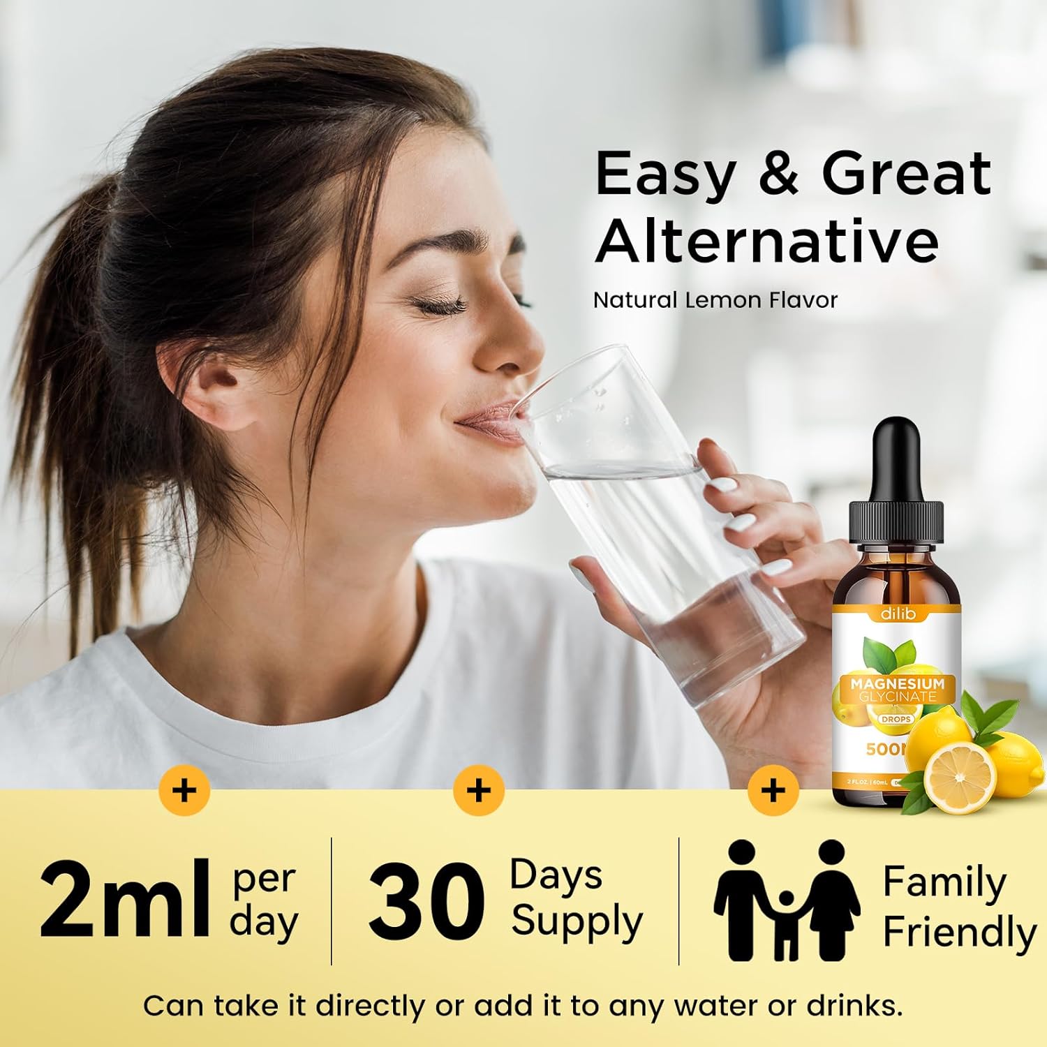 Magnesium Glycinate Liquid Drops 500mg with Calcium, Zinc, Vitamin B6, D3, L-Theanine, Omega 3 - Lemon Flavor Supplement for Sleep, Mood, Stress Relief, Bone, Muscle - Espot.com.au