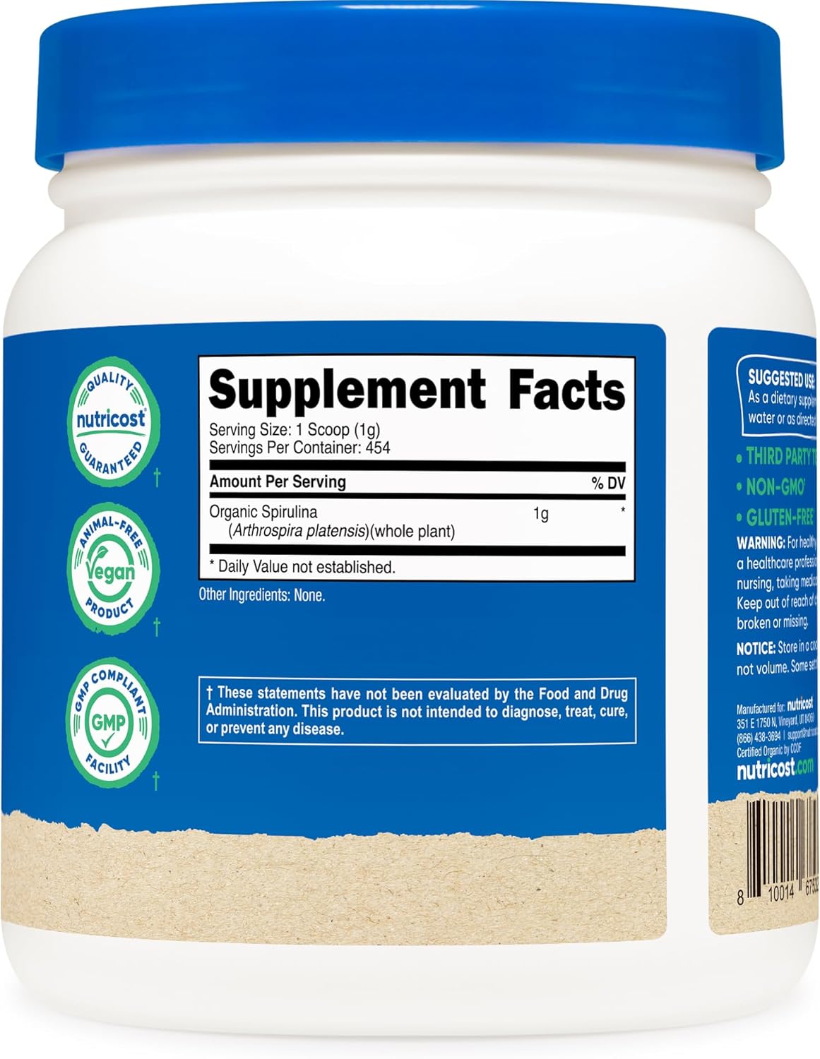 454 Grams of Pure, Certified Organic Spirulina Powder - 1LB Size by Nutricost - Espot.com.au