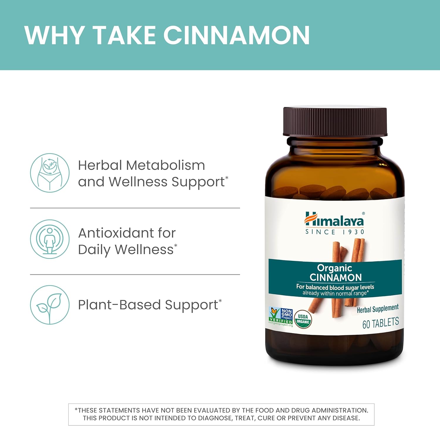 Organic Cinnamon Tablets for Glycemic Support - 1100mg Daily - Cassia & Ceylon Cinnamon Extract - Non-GMO - Vegan & Gluten-Free - 60 Tablets - Espot.com.au