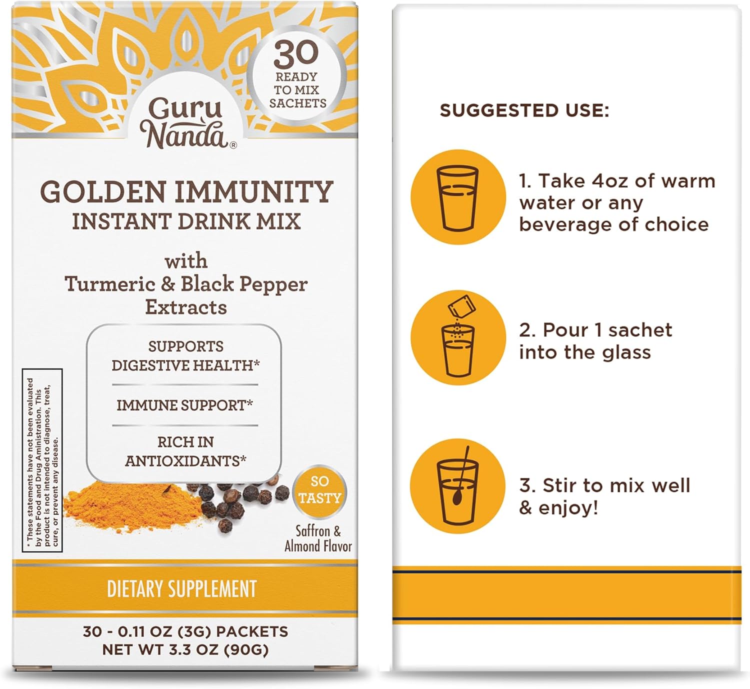 Golden Immunity Instant Drink Mix with Turmeric & Black Pepper - Antioxidant-Rich Immune Support Sachets - Saffron & Almond Flavor - 30 Count - Espot.com.au