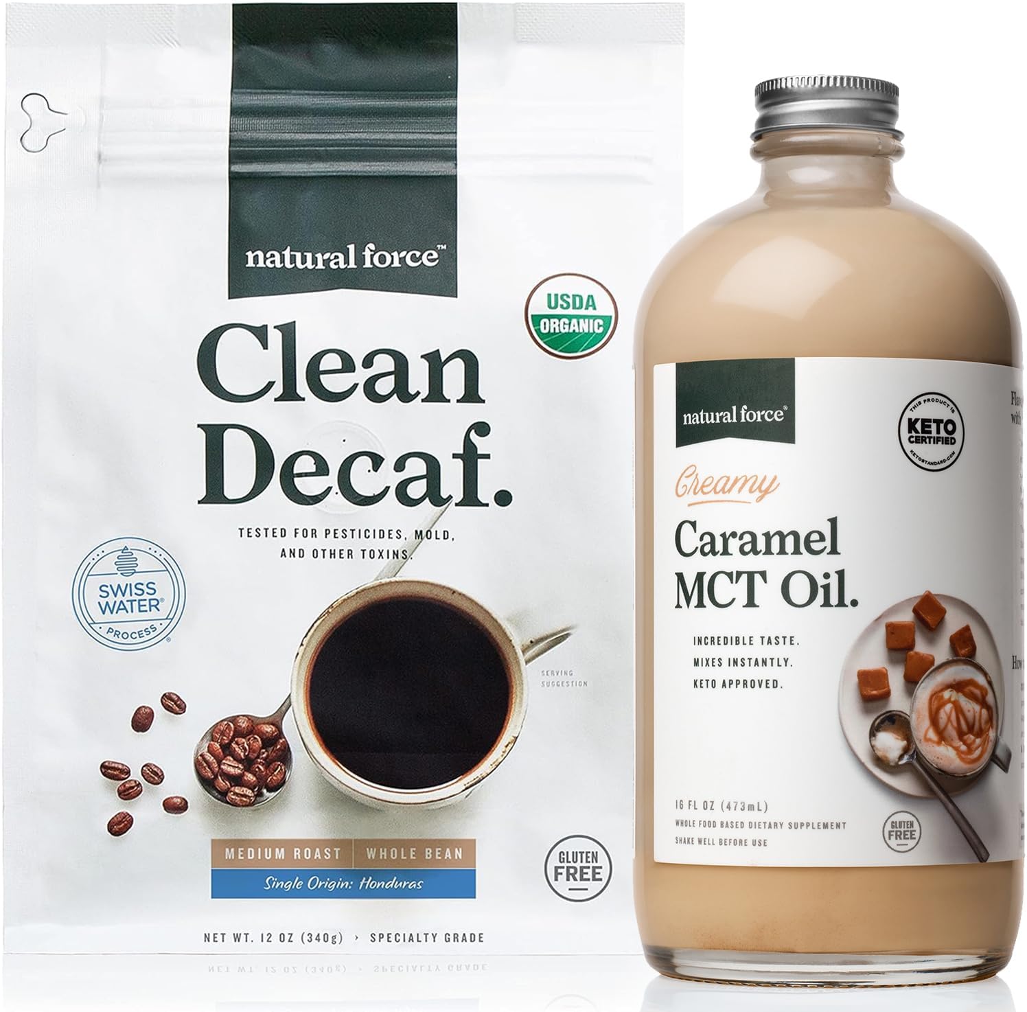 organic-decaf-coffee-creamy-caramel-mct-oil-bundle---non-gmo-keto-paleo-vegan---12-oz-bag-16-oz-glass-bottle---mold-mycotoxin-free---emulsified-mct-creamer-by-natural-force-1