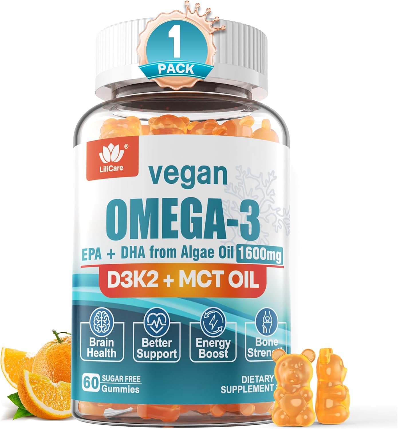 LILICARE Vegan Omega-3 Gummies with Vitamin D3 K2, Sugar-Free Alternative to Fish Oil, 1280mg, EPA 600mg, DHA 400mg, MCT Oil, Marine Algae Oil, Brain, Eye, Immunity Support - 1 Pack - Espot.com.au