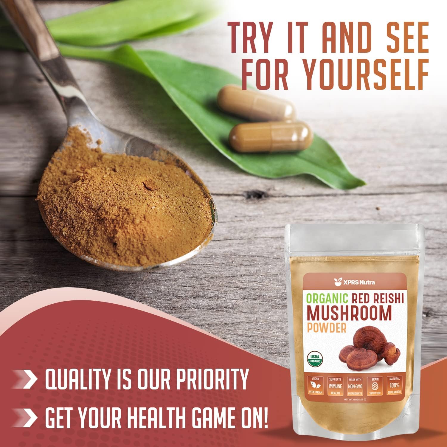 Premium Organic Red Reishi Mushroom Powder for Cognition and Energy - Vegan Longevity Support (16 oz) by XPRS Nutra - Espot.com.au