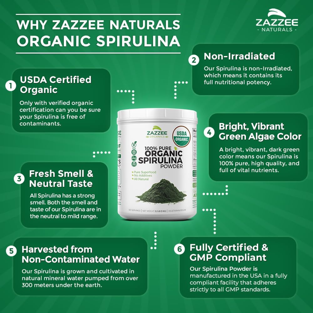 Organic Spirulina Powder - 2.2lbs (1KG) USDA Certified - 303 Servings - Pure, Non-Irradiated - Wide Mouth Container - Fresh Smell, Neutral Taste - Vegan, Non-GMO, Gluten-Free - Espot.com.au
