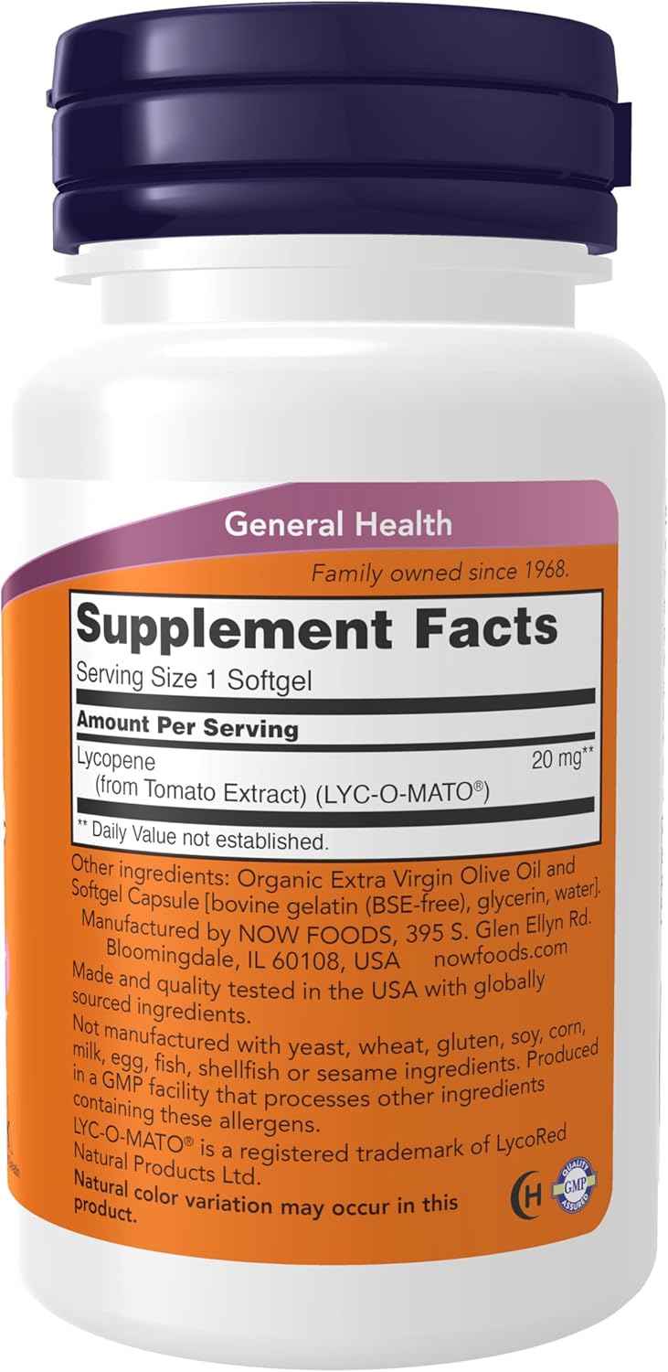 Lycopene 20mg Softgels - Natural Tomato Extract, Free Radical Scavenger - 50 Supplements by NOW Foods