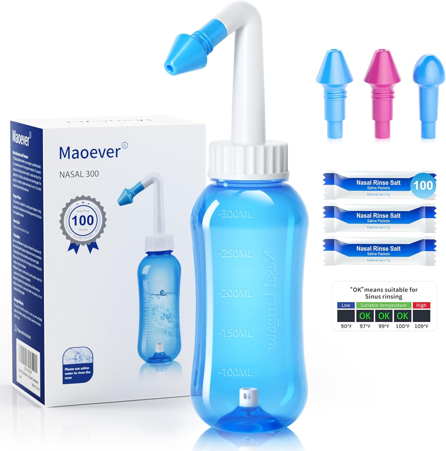 300ml-neti-pot-sinus-rinse-bottle-kit-with-100-salt-packets---nasal-wash-cleaner-for-adults-kids---bpa-free---includes-sticker-thermometer---blue-1