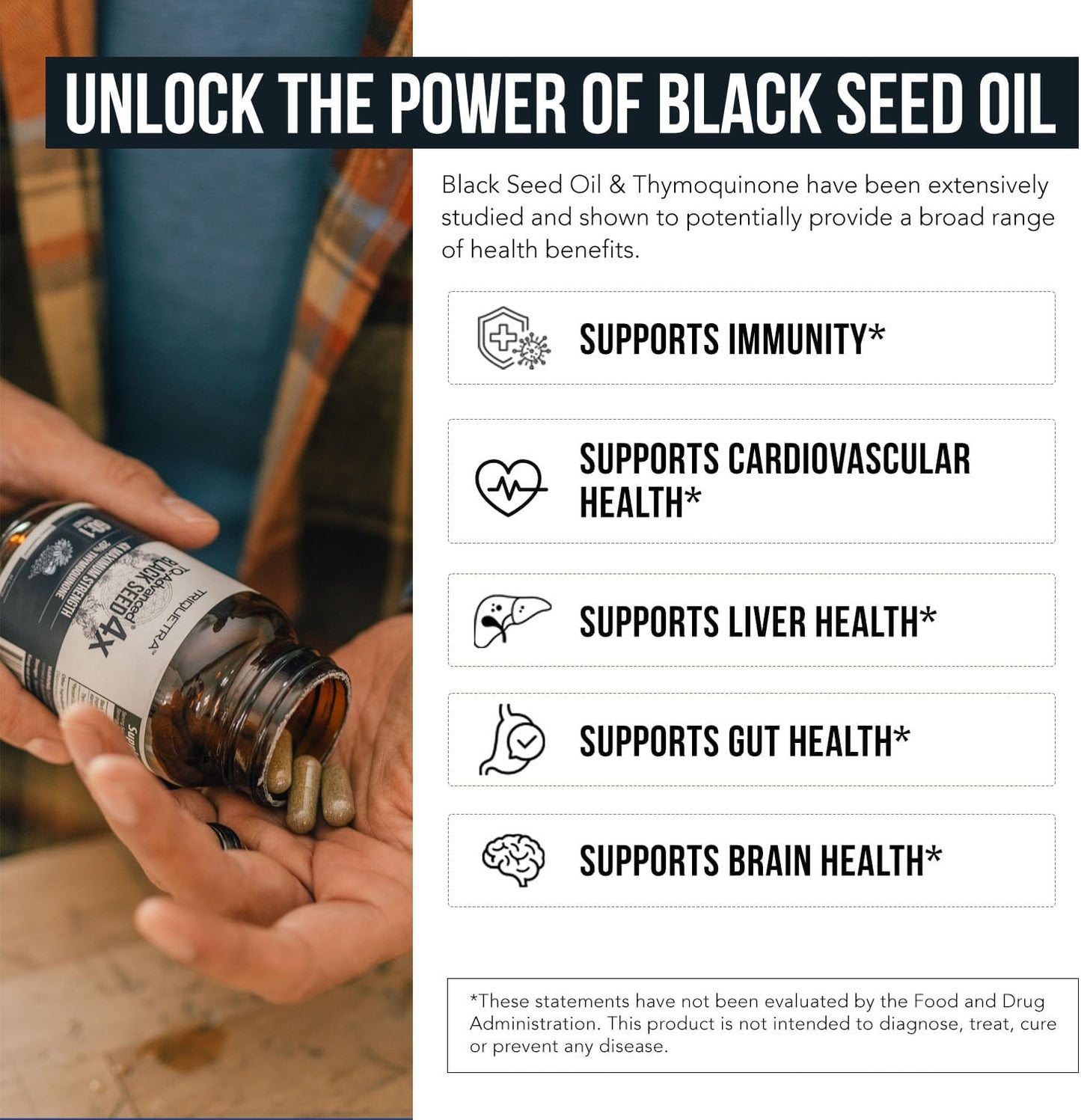 Thymoquinone Black Seed Oil Extract Capsules - 20% Concentration - TQ-Advanced 4X® - 60 Capsules - Nigella Sativa - Vegan - Glass Bottle - Espot.com.au