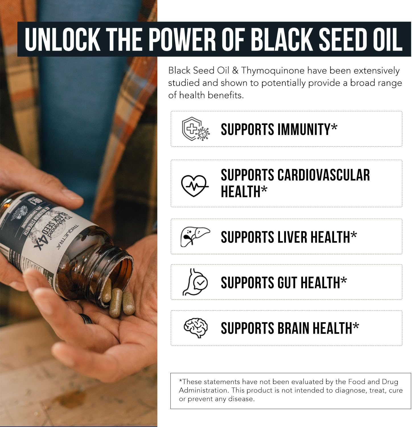 Thymoquinone Black Seed Oil Extract Capsules - 20% Concentration - TQ-Advanced 4X® - 60 Capsules - Nigella Sativa - Vegan - Glass Bottle - Espot.com.au