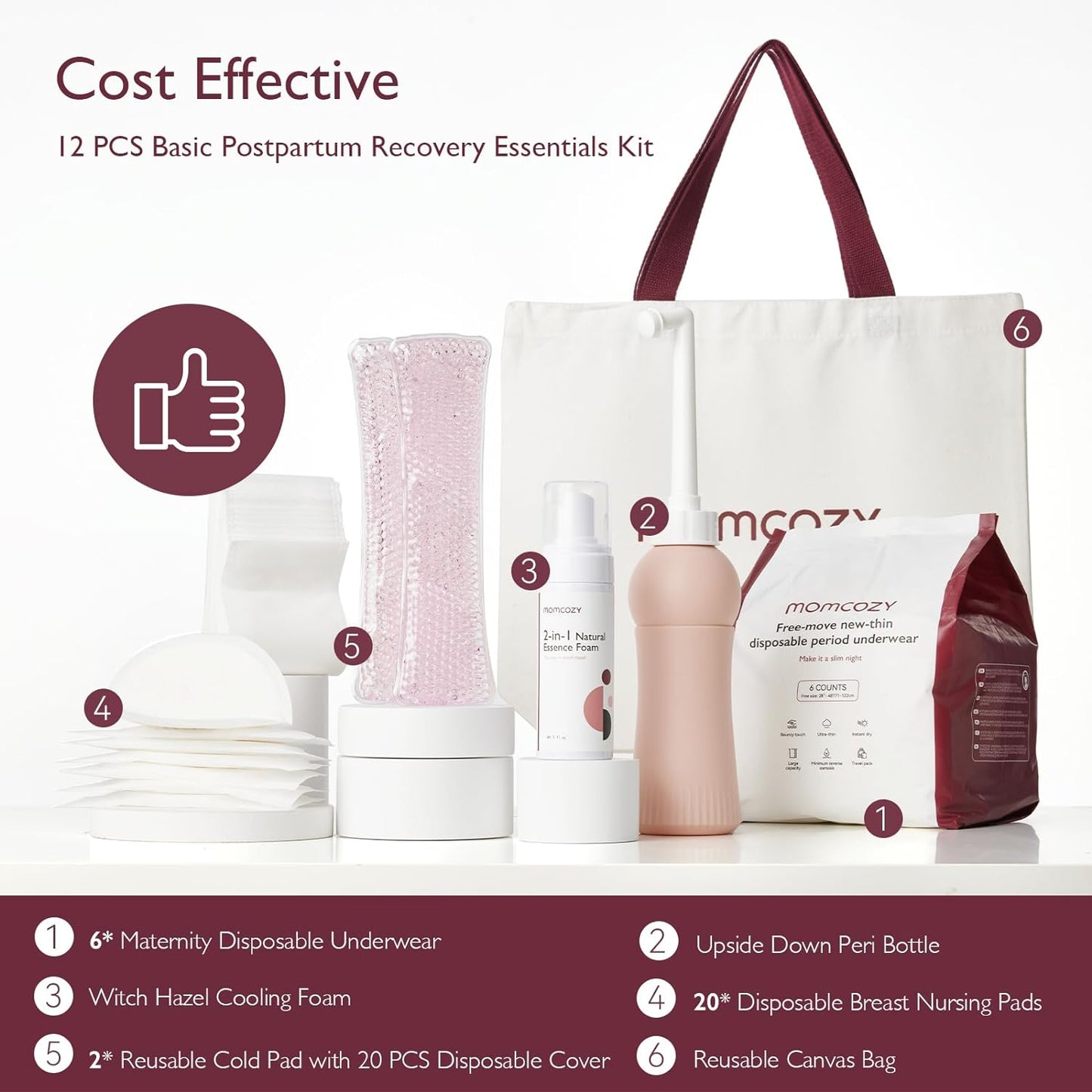 postpartum-recovery-essentials-kit-with-disposable-underwear-nursing-pads-peri-bottle-cold-pads-cooling-foam-canvas-bag---momcozy-labor-delivery-mom-care-set-2