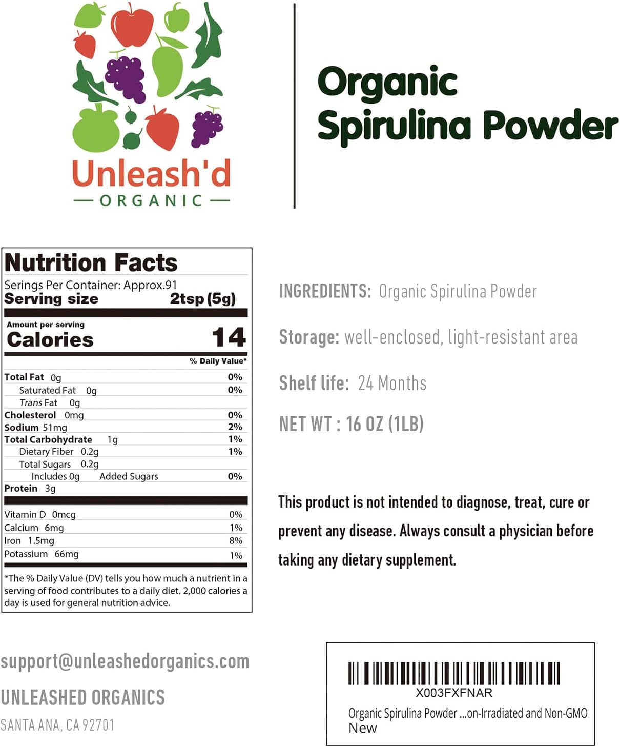Organic Spirulina Powder 16 oz - Nutrient-Dense Green Superfood for Immune Support - Non-GMO & Gluten-Free - Espot.com.au