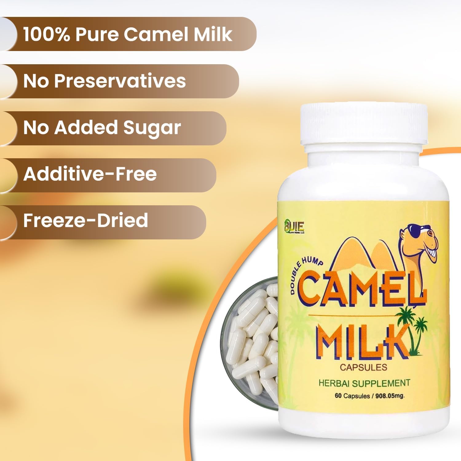 Pure Camel Milk Capsules with Herbal Supplements - 908.05mg Powder, Calcium, Vitamin C, B1, B2 - 60 Capsules - Espot.com.au