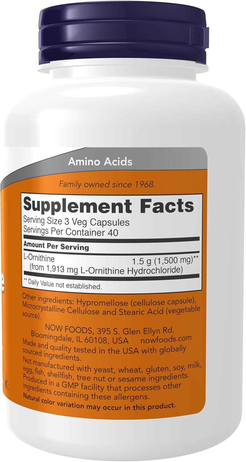 NOW Foods L-Ornithine Hydrochloride 500mg Amino Acid Supplement - 120 Veg Capsules