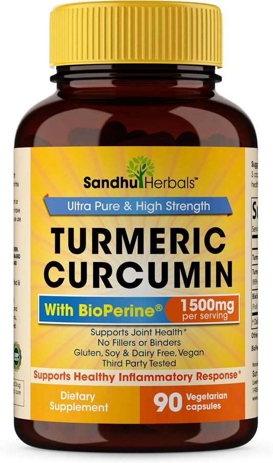 Sandhu Herbals Turmeric Curcumin Supplement - 90 Capsules, 1500mg with 95% Curcuminoids for Immune & Joint Support - Made in USA - Espot.com.au