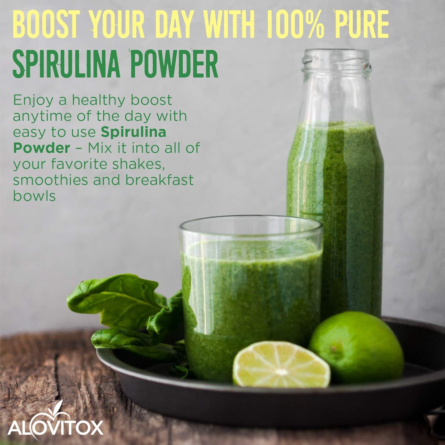 Organic Spirulina Powder - Nutrient Dense Superfood with Antioxidants, Proteins, Vitamins, Fiber, Omegas 3, 6 & 9 - 100% Organic, Gluten Free, Vegan, Non-GMO - 1 lb - Alovitox - Espot.com.au