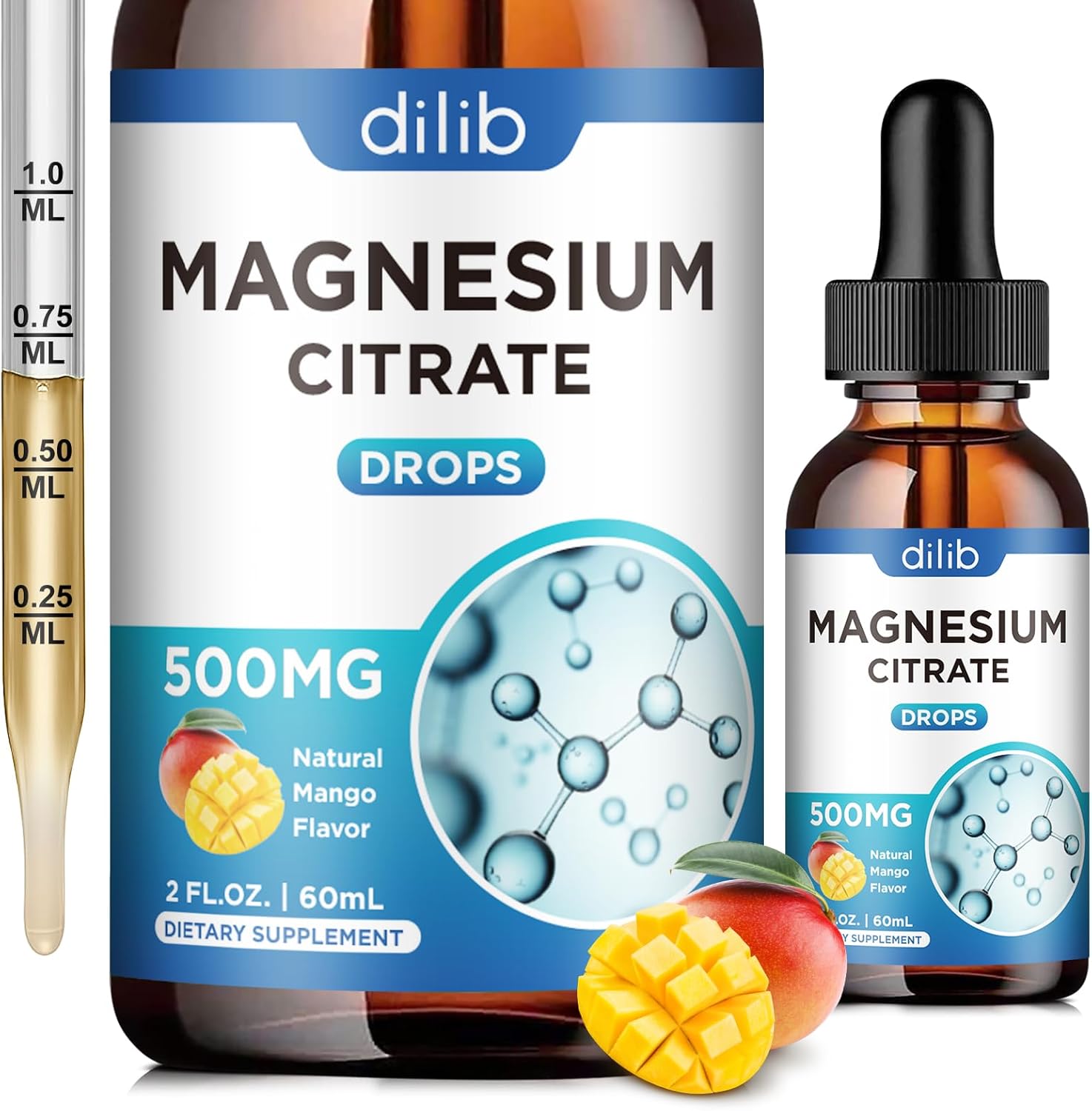 500mg Magnesium Citrate Liquid Drops Supplement for Stress Relief, Bone & Muscle Support, Sleep Aid - 2 Fl Oz Vegan Mango Flavor - Espot.com.au