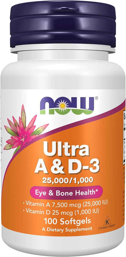 NOW Foods Vitamin A & D3 25,000/1,000 IU Softgels for Eye Health and Essential Nutrition - 100 Count