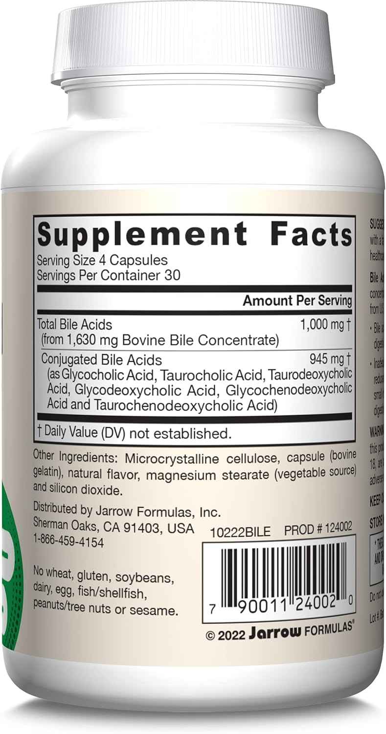 Digestive Support Supplement with Conjugated Bile Acids - 1000mg, 120 Capsules - Jarrow Formulas Bile Acid Factors for Fat Absorption & Nutrient Absorption
