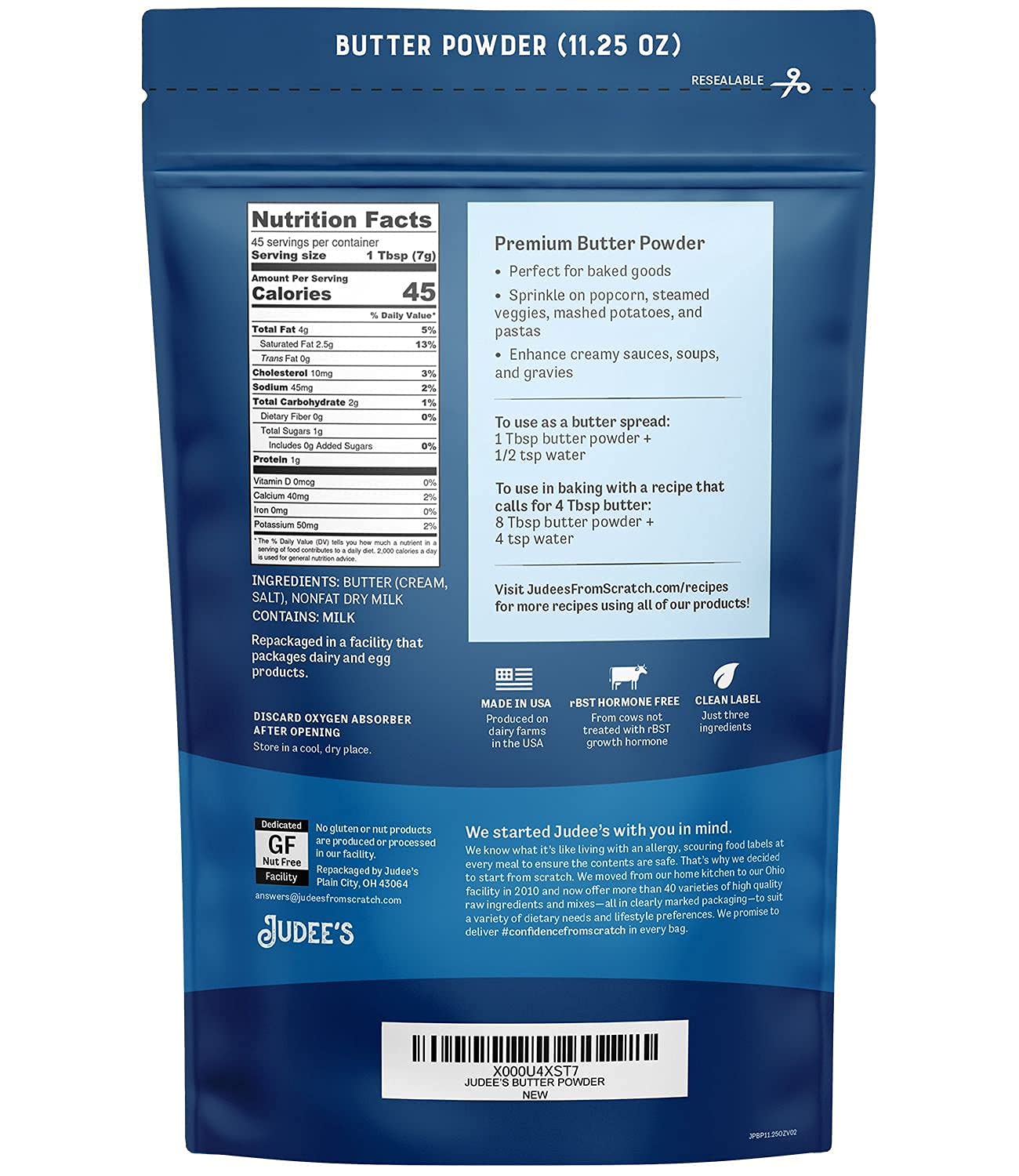 Judee's Gluten-Free Butter Powder 11.25oz - Non-GMO & Keto-Friendly - rBST Hormone-Free - Baking Ready - Made in USA - Espot.com.au