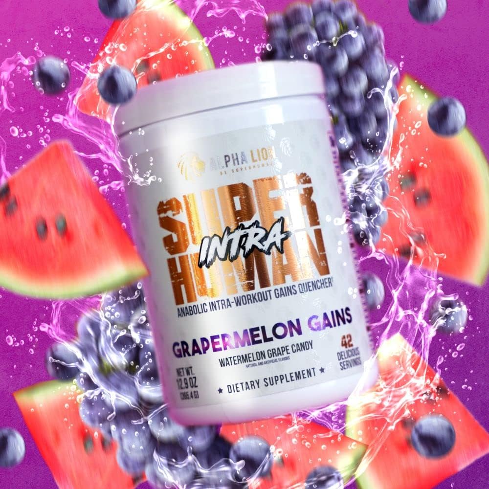 Superhuman Intra Workout Powder with Amino Acids, BCAA, Electrolytes & Hydration Mix - Watermelon Grape Candy Flavor for Muscle Recovery (42 Servings) - Espot.com.au