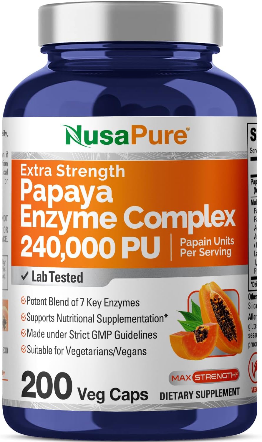 NusaPure Papaya Papain Enzyme Complex 240,000 PU - 200 Veggie Capsules - 100% Vegetarian, Non-GMO Supplement - Espot.com.au