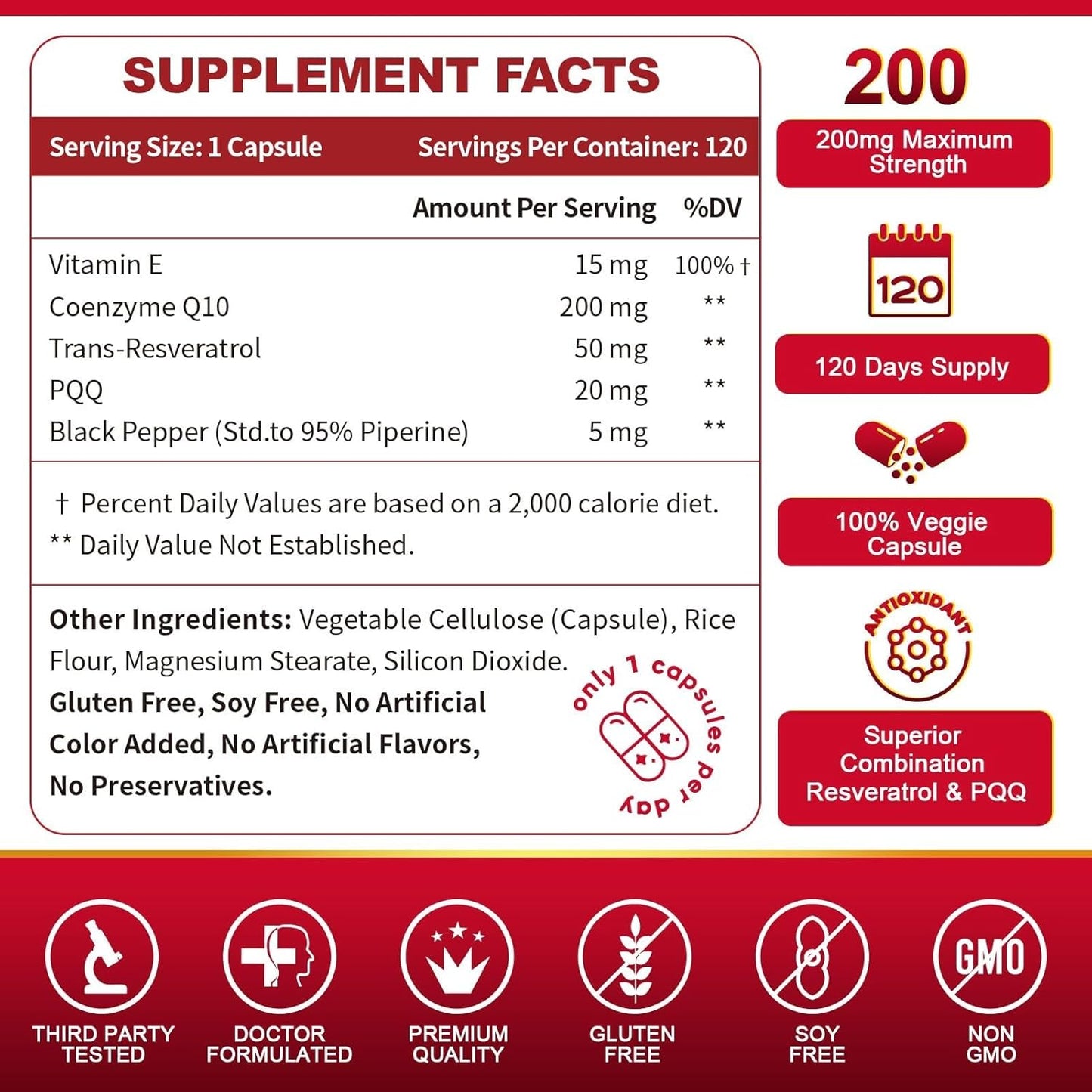 High Absorption CoQ10-200mg with Trans-Resveratrol, PQQ & Vitamin E - Antioxidant for Heart & Energy - 120 Veg Capsules - Espot.com.au
