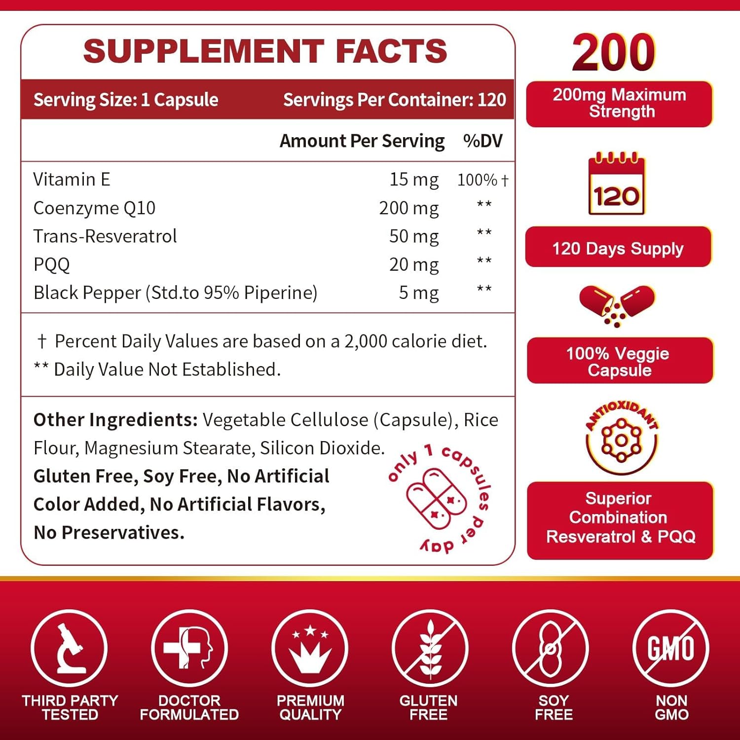 High Absorption CoQ10-200mg with Trans-Resveratrol, PQQ & Vitamin E - Antioxidant for Heart & Energy - 120 Veg Capsules - Espot.com.au
