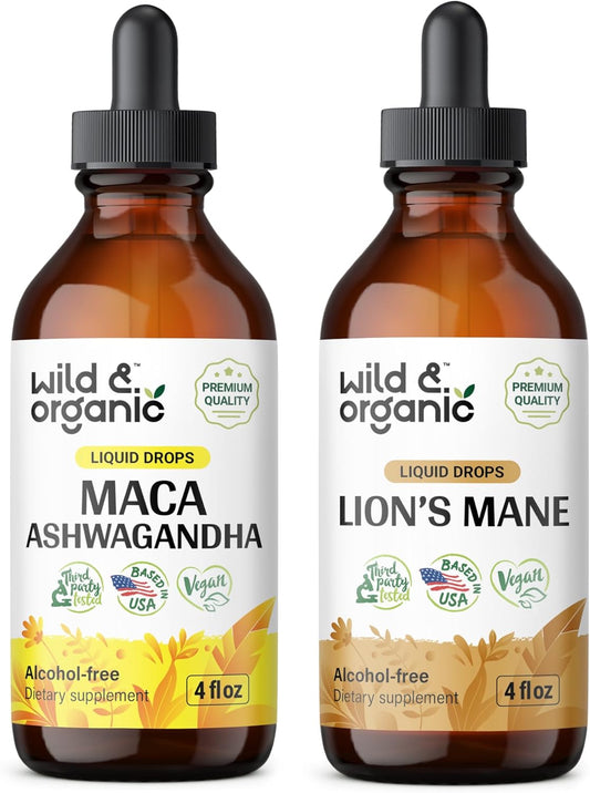 Organic Wild Maca Ashwagandha & Lion's Mane Tincture Bundle - 4 fl oz each - Espot.com.au