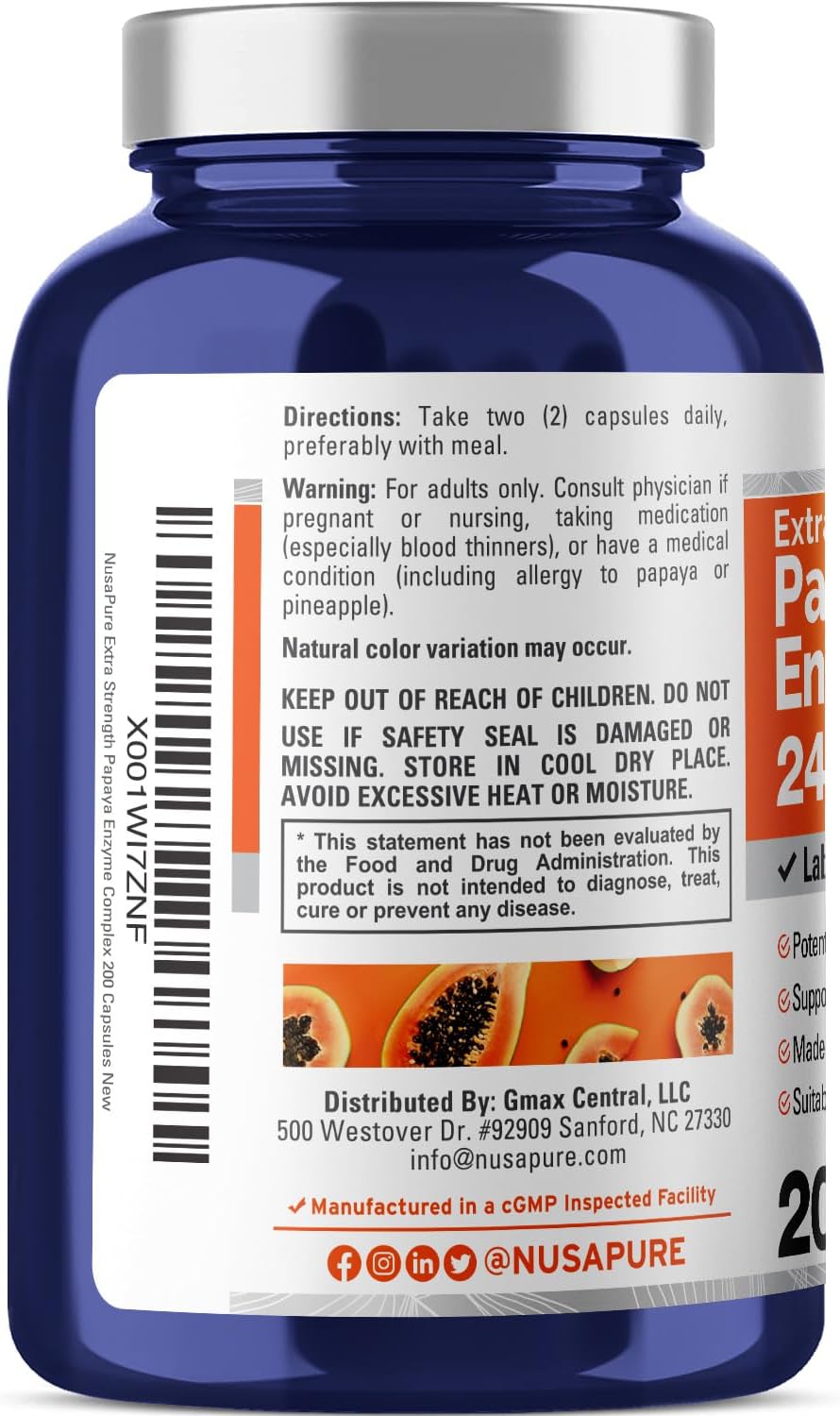 NusaPure Papaya Papain Enzyme Complex 240,000 PU - 200 Veggie Capsules - 100% Vegetarian, Non-GMO Supplement - Espot.com.au