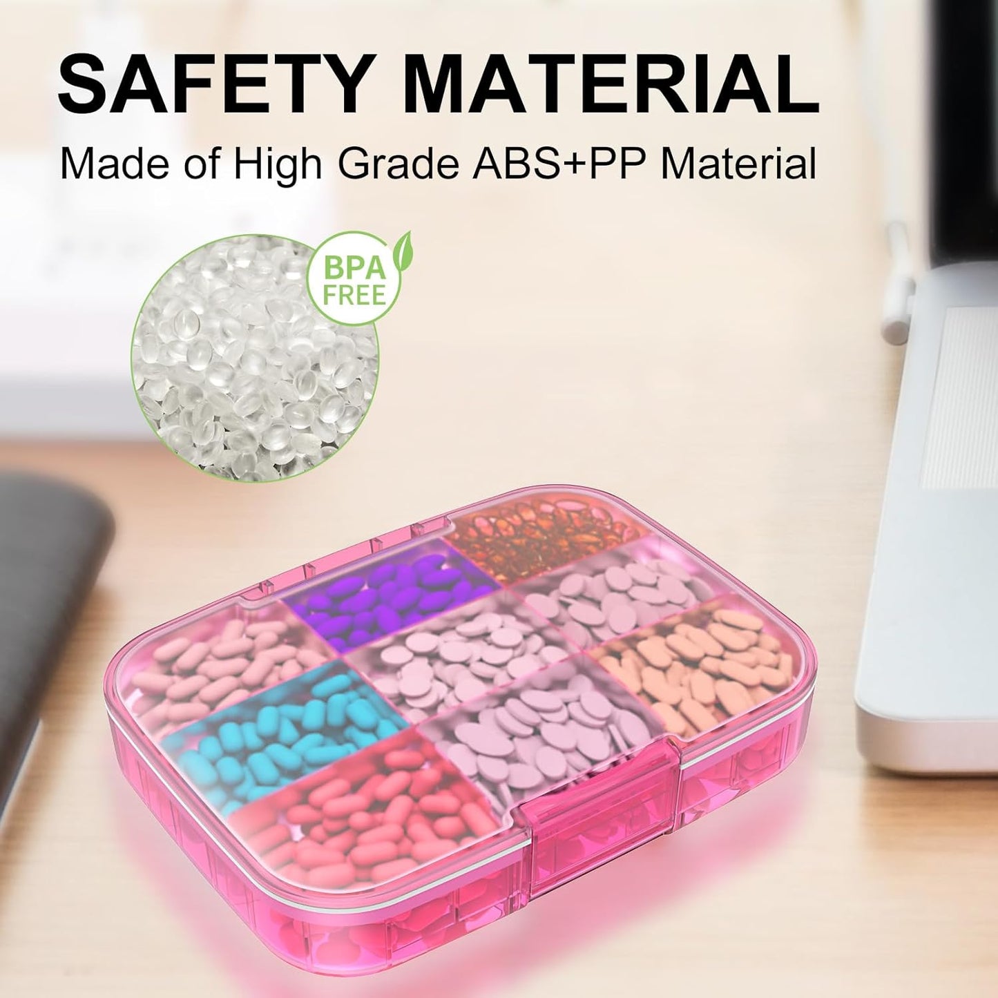 restree-large-pill-organizer---portable-moisture-proof-travel-case-for-vitamins-medicine---9-compartments---pink-6