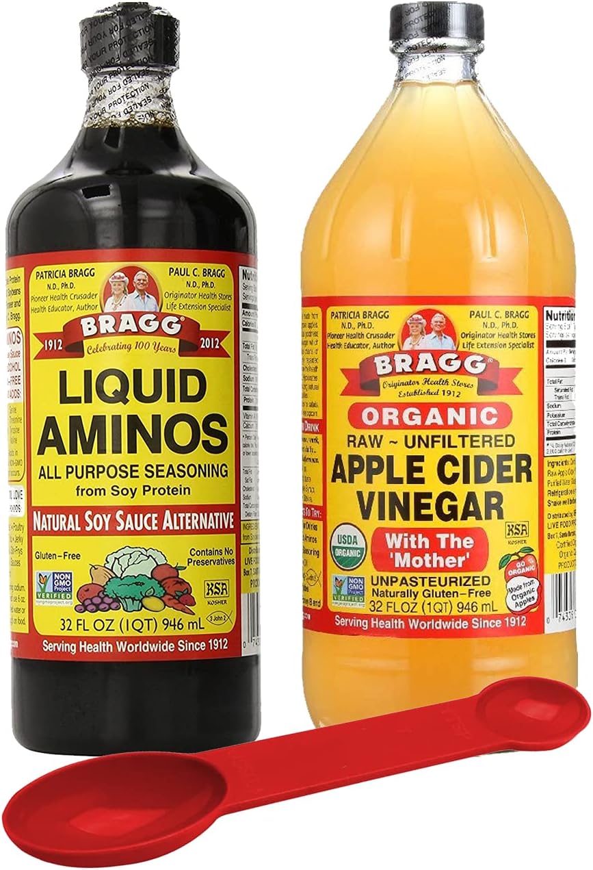 Organic Health Saver Bundle: Bragg Liquid Aminos 32 oz + Apple Cider Vinegar 32 oz + Bonus Measuring Spoon - Espot.com.au