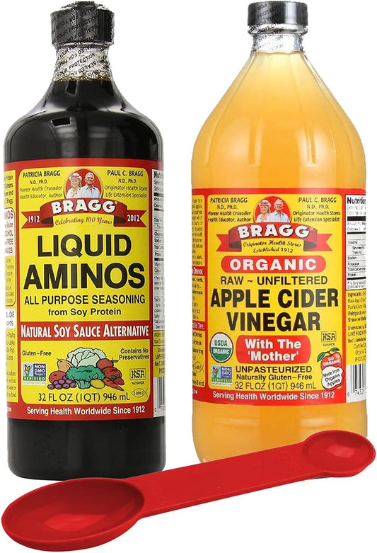 Organic Health Saver Bundle: Bragg Liquid Aminos 32 oz + Apple Cider Vinegar 32 oz + Bonus Measuring Spoon - Espot.com.au