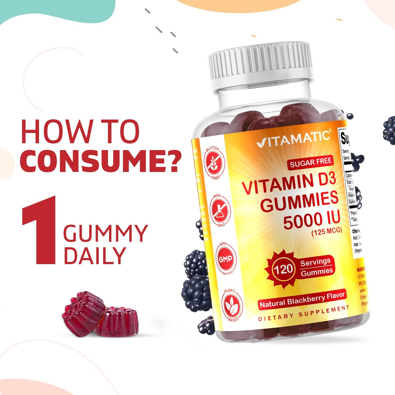 Sugar-Free Vitamin D3 Gummies - 5000 IU - 120 Count - Supports Bone Health, Mood, and Immune System - Non-GMO - Great Taste - 120 Servings - Espot.com.au