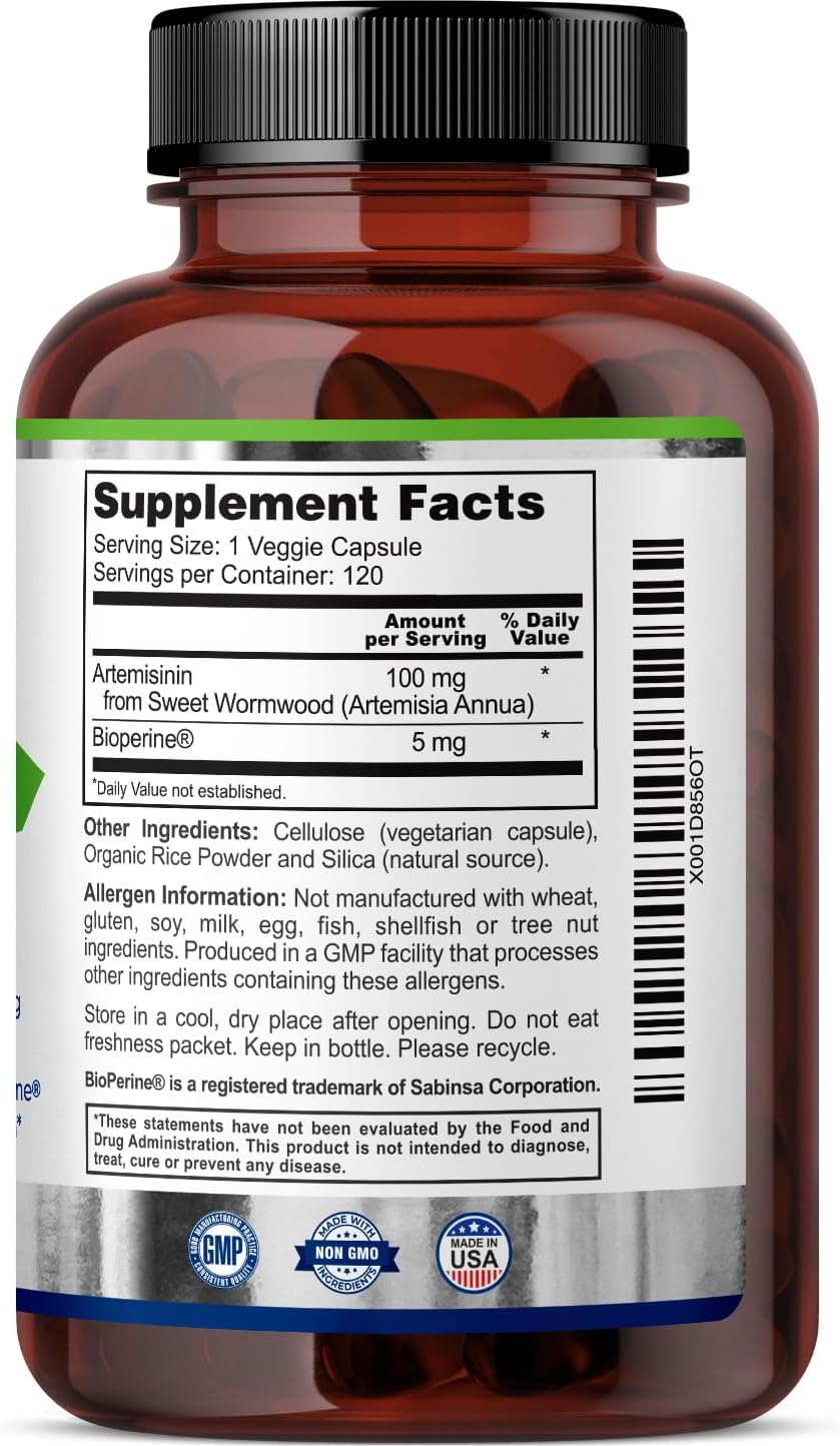 High Absorption Artemisinin Capsules - 100mg, 120 Vegan Capsules with BioPerine - Sweet Wormwood Extract for Maximum Absorption - 4 Month Supply, Non-GMO & All-Natural - Espot.com.au