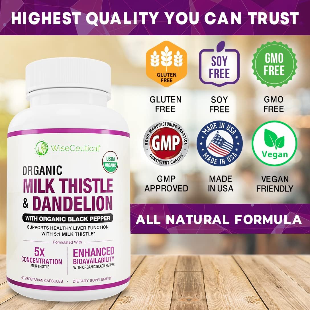 Organic Milk Thistle & Dandelion Root Liver Support Supplement - 2000mg Strength, High Absorption Formula with Silymarin Antioxidant Flavonoid - USDA Certified - 60 Count Pack - Espot.com.au