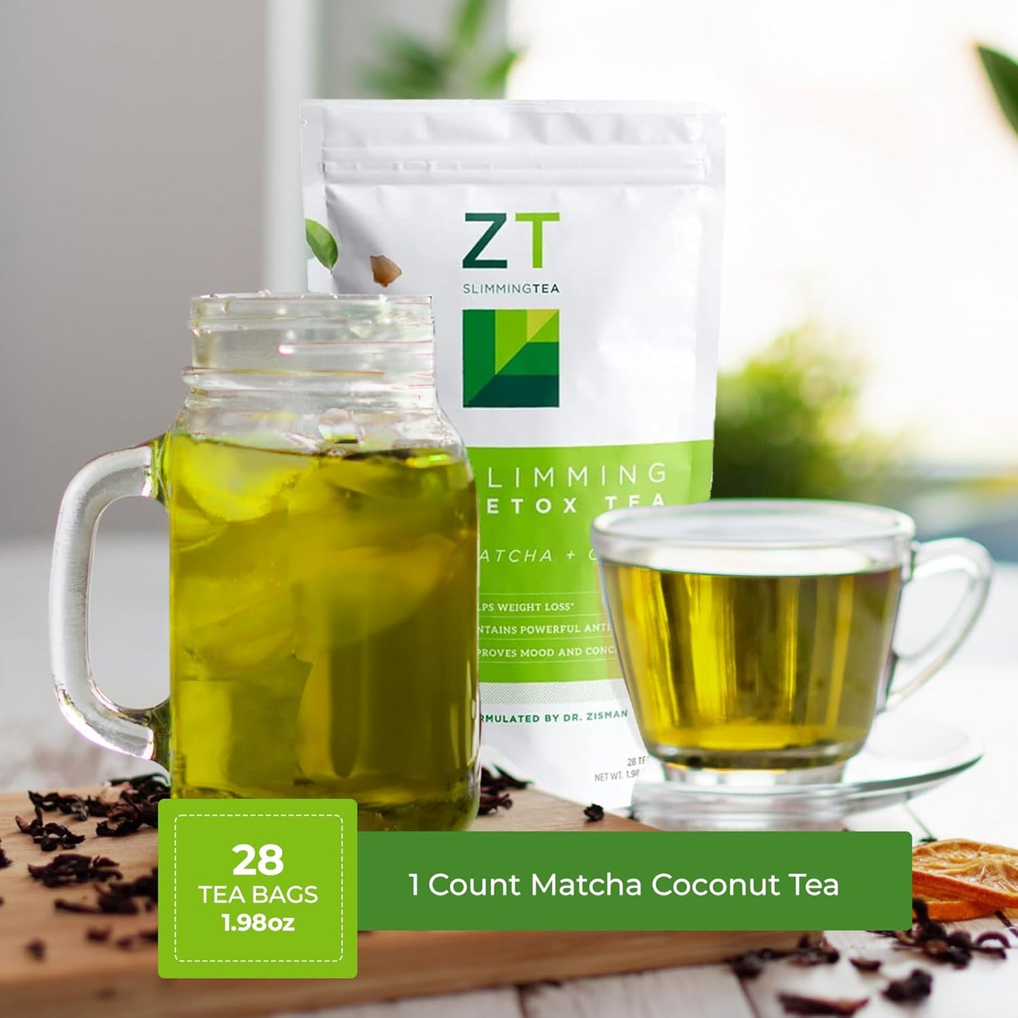 Dr. Zisman ZT Slimming Matcha-Coconut Detox Tea - Weight Management with Antioxidants, Mood Enhancement & Focus Boost - 28 Tea Bags - Espot.com.au