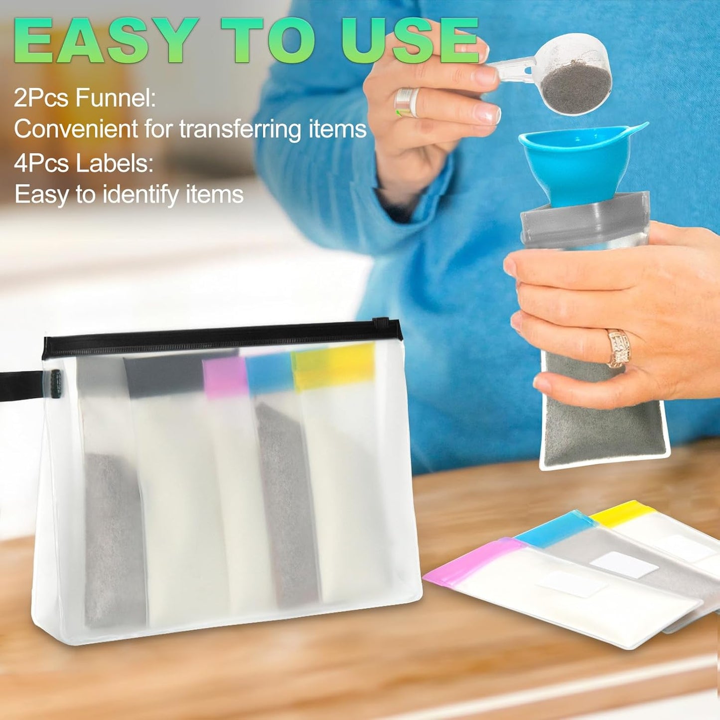 travel-protein-powder-container-set---25pcs-including-21-single-dose-bags-4-large-zip-up-bags-funnels-spoons-labels-spring-buckle---on-the-go-storage-solution-6