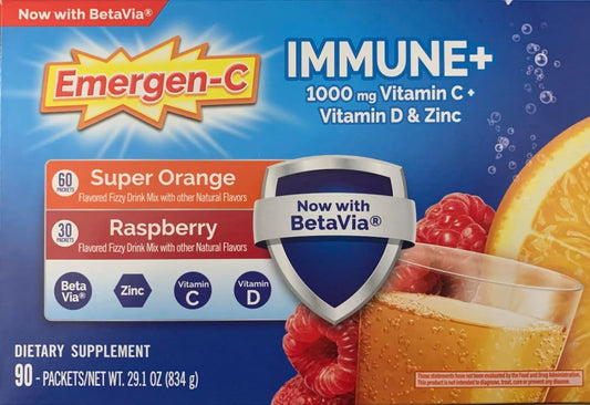 Emergen-C Immune+ 90 Packets Variety Pack, 1000mg Vitamin C with Vitamin D & Zinc, Super Orange (60 Ct) and Raspberry (30 Ct) - Espot.com.au