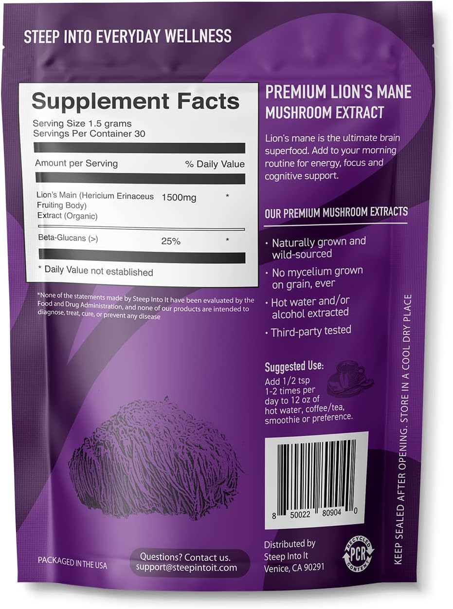 Organic Lions Mane Mushroom Supplement for Mental Clarity and Focus - 45g Powder Extract - Cognitive Function Support - 30 Servings - Espot.com.au