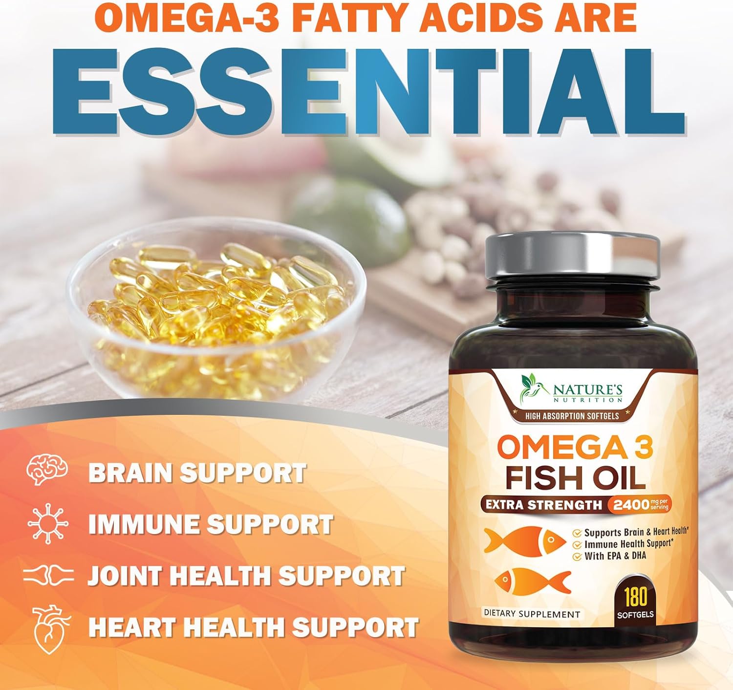180 Nature's Nutrition Triple Strength Omega-3 Fish Oil Softgels, 2400mg, EPA & DHA for Brain & Heart Health, Omega-3 Supplement - Espot.com.au