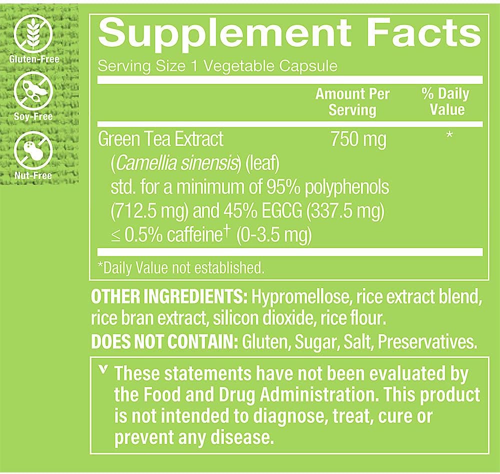 750mg Triple Strength Green Tea Extract Capsules with EGCG - Natural Antioxidant for Fat Metabolism - Decaffeinated, 100 Vegetarian Capsules for Fighting Free Radicals