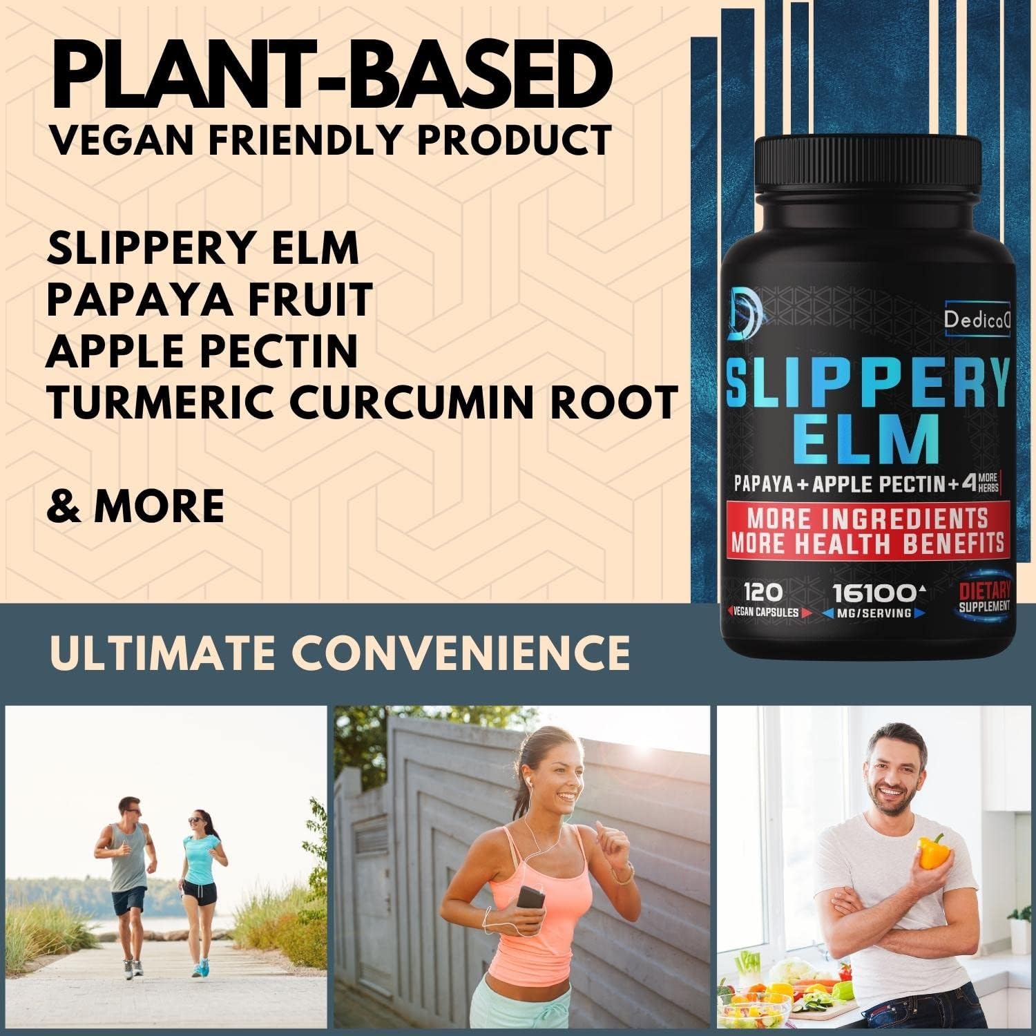 7in1 Slippery Elm Bark Extract 16100 mg - 120 Vegan Capsules - Immune & Body Support Supplement with Papaya, Turmeric, Apple Pectin, Peppermint, Ginger, Black Pepper