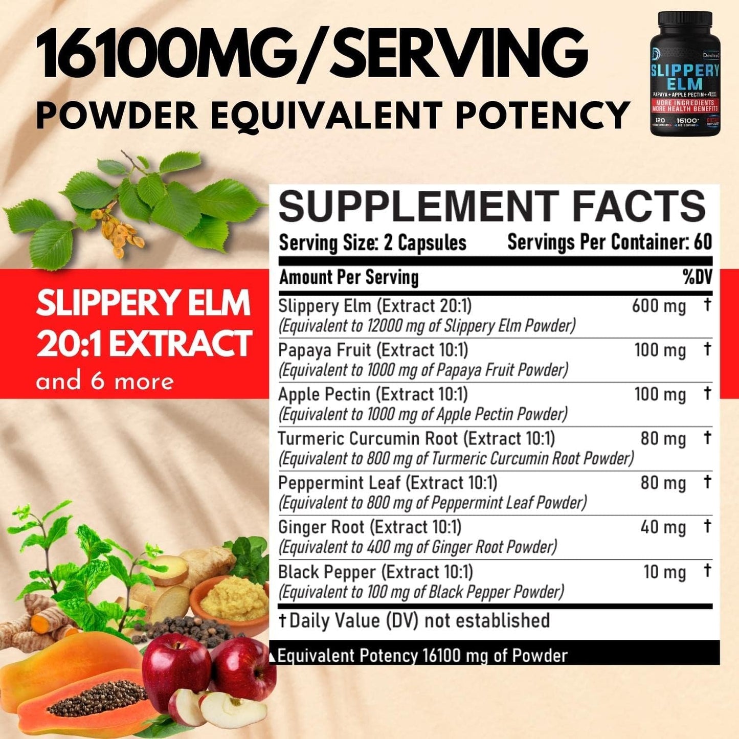 7in1 Slippery Elm Bark Extract 16100 mg - 120 Vegan Capsules - Immune & Body Support Supplement with Papaya, Turmeric, Apple Pectin, Peppermint, Ginger, Black Pepper
