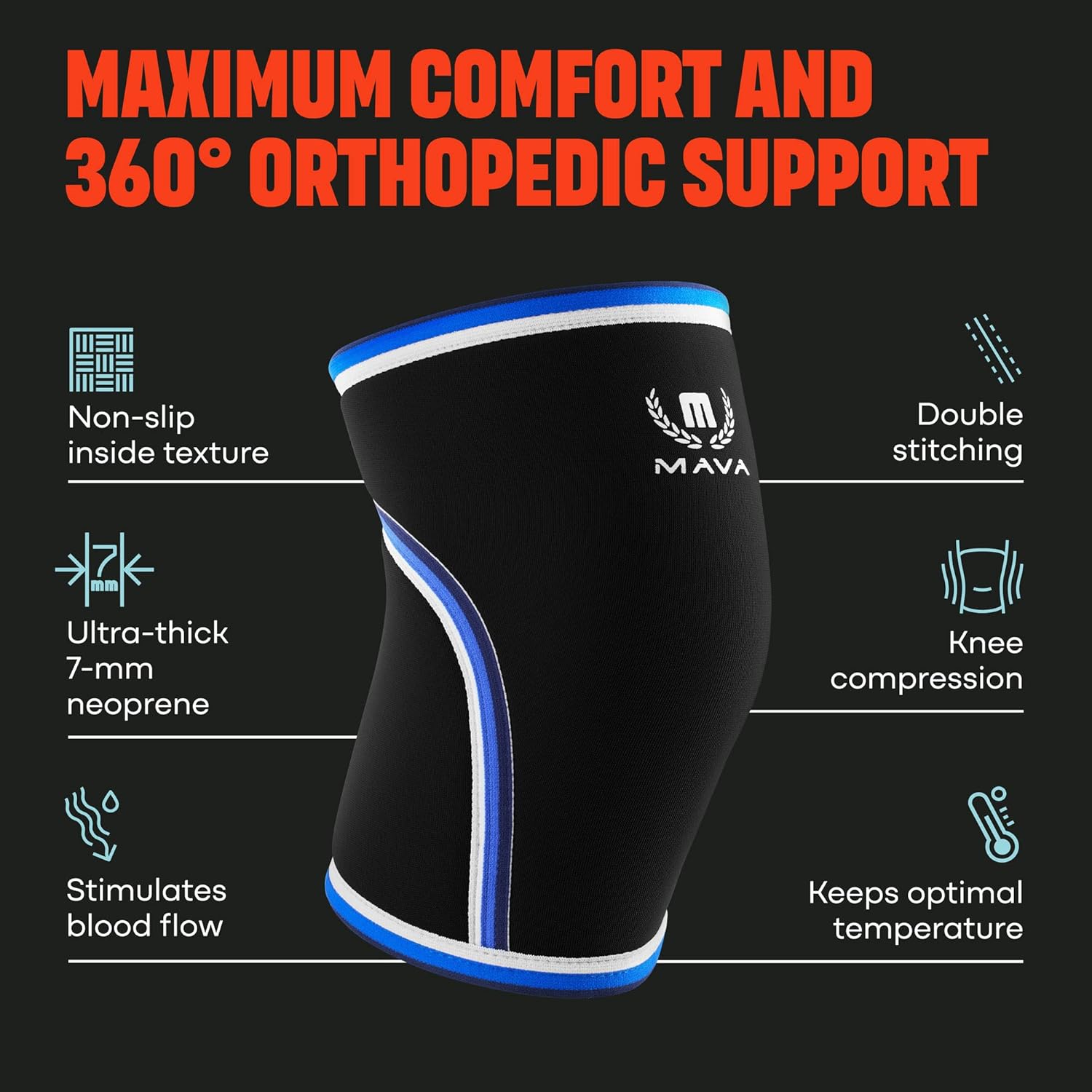 7mm Neoprene Knee Sleeves for Weightlifting, Cross Training, Squats - Men & Women - Mava Sports