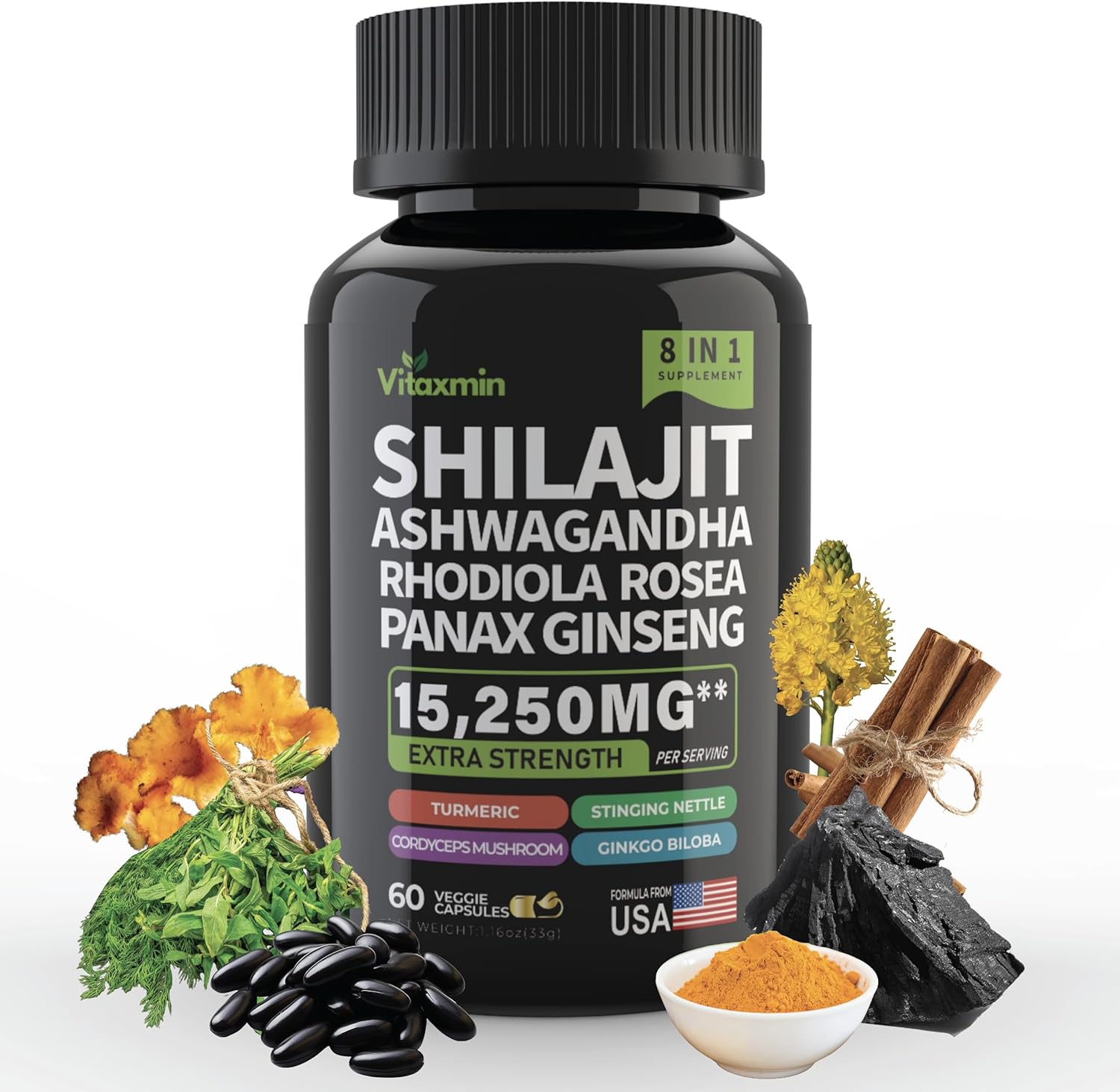 8-in-1 Herbal Multivitamin Capsules with Shilajit and Ashwagandha for Men and Women, Including Rhodiola Rosea, Ginseng, and Nettle