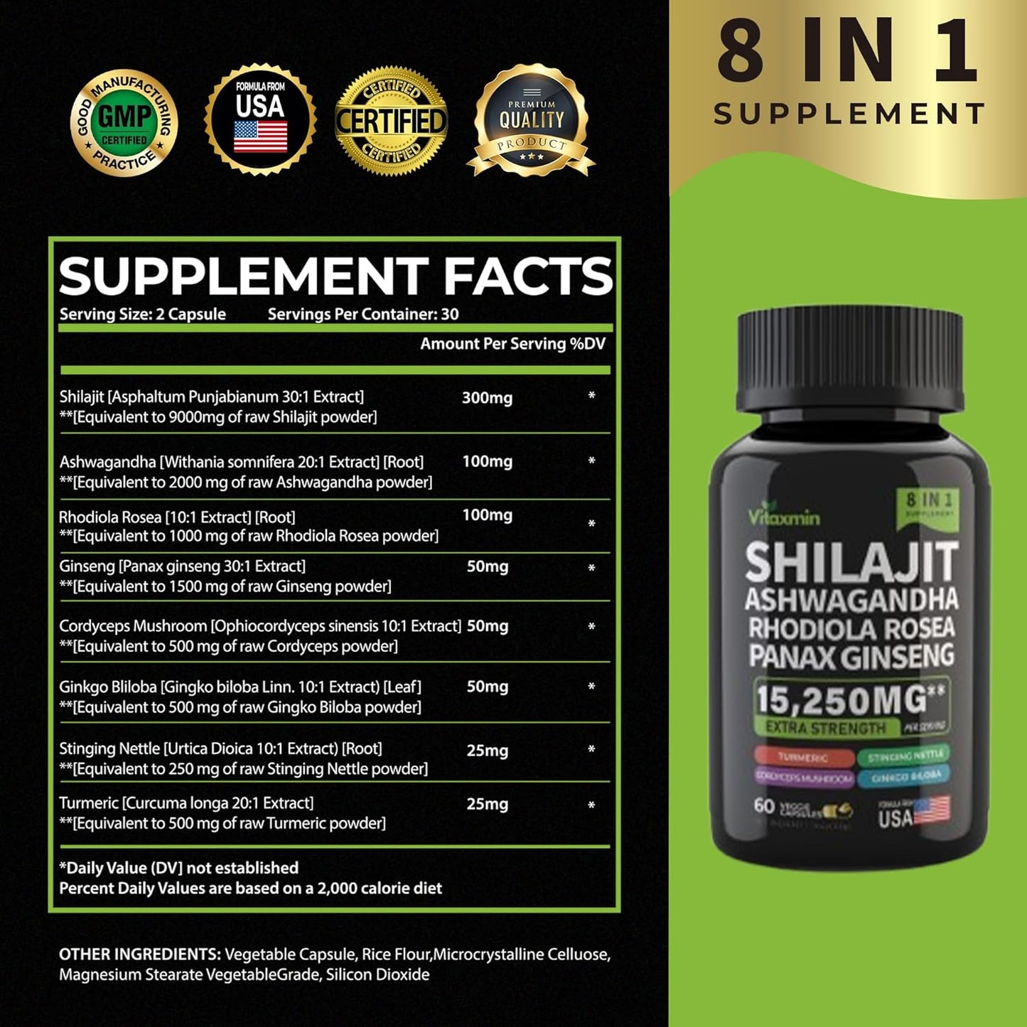 8-in-1 Herbal Multivitamin Capsules with Shilajit and Ashwagandha for Men and Women, Including Rhodiola Rosea, Ginseng, and Nettle