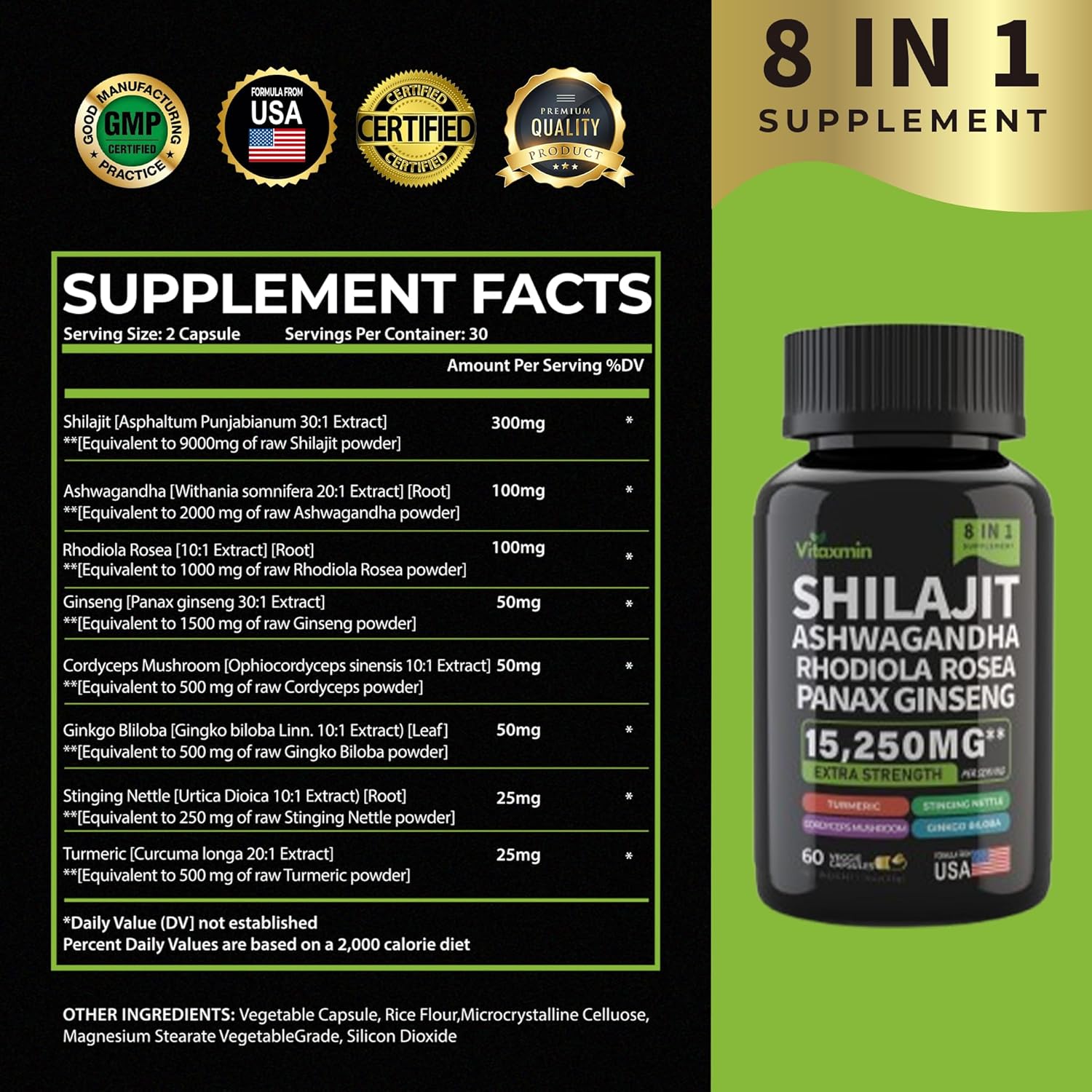8-in-1 Herbal Multivitamin Capsules with Shilajit and Ashwagandha for Men and Women, Including Rhodiola Rosea, Ginseng, and Nettle