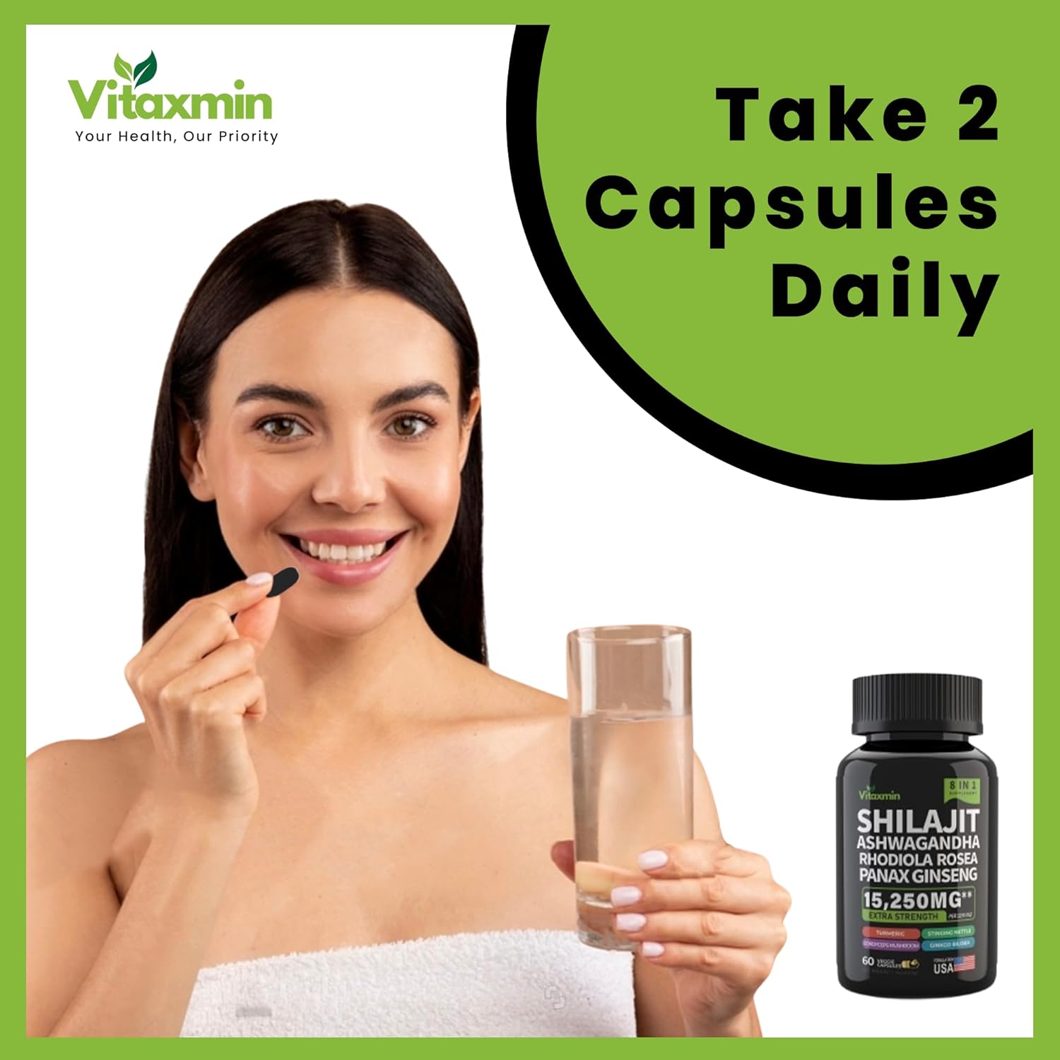 8-in-1 Herbal Multivitamin Capsules with Shilajit and Ashwagandha for Men and Women, Including Rhodiola Rosea, Ginseng, and Nettle